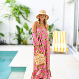 Polly Strapless Bubble Sleeve Maxi Dress - Pink Palm