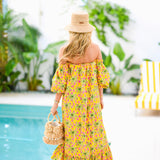 Yasmine Strapless Bubble Sleeve Maxi Dress - Yellow Palm