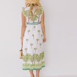 Azura Palm Print V-Neck Belted Dress - Green
