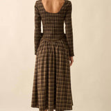 Plaid Long-Sleeve Smocked Drop-Waist Midi Dress -  Chocolate
