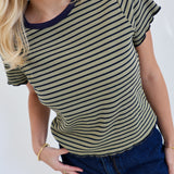 Ashliegh Round Neck Short Sleeve Top - Olive/Navy Stripe