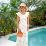 Farrah Fish Ruffle Neck Maxi Dress - White Multi