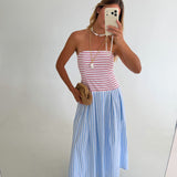 Bodice Strapless Striped Midi Dress - Red
