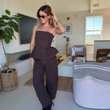 Peyton Strapless Top and Barrel Pants Set - Dark Brown