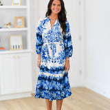 Skylar Belted Floral Dress - White/Blue