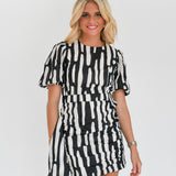 Logan Puff Sleeve Mini Dress - Black/White Abstract