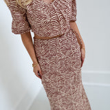 Miranda Bubble Sleeve Maxi Skirt Set- Brown/Cream