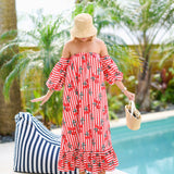 Lyla Strapless Bubble Sleeve Maxi Dress - Red Cherry Stripe