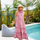 Sophie Frill Neck Maxi Dress - Pink/Red
