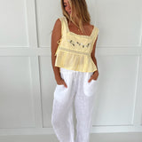 Darcy Floral Embroidery Square Neck Top- Light Yellow