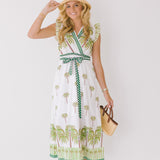 Azura Palm Print V-Neck Belted Dress - Green