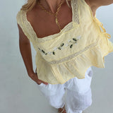 Darcy Floral Embroidery Square Neck Top- Light Yellow