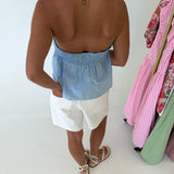 Hallie Ruched Halter Top - Blue