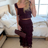 Amnda Ruffle Knit Top And Skirt Set - Wine