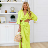 Belle Satin Ruched Front Dress - Neon Lime