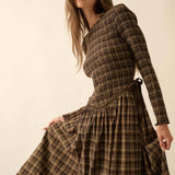 Plaid Long-Sleeve Smocked Drop-Waist Midi Dress -  Chocolate