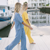 Fancy Striped Oversized Short Sleeve Top - Malibu Blue