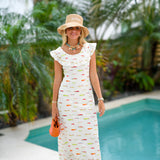 Farrah Fish Ruffle Neck Maxi Dress - White Multi