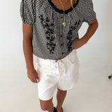 Casey Floral Embroidered Gingham Puff Sleeve Top - Black/White Gingham