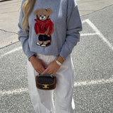 Shelly Roll Up Neck Bear Graphic Sweater - H Gray