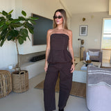 Peyton Strapless Top and Barrel Pants Set - Dark Brown