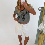 Casey Floral Embroidered Gingham Puff Sleeve Top - Black/White Gingham