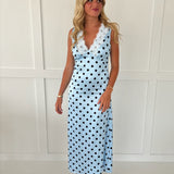 Presley Satin Polka Dot Maxi Dress- Blue/Black