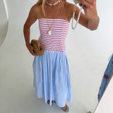 Bodice Strapless Striped Midi Dress - Red