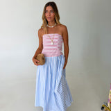 Bodice Strapless Striped Midi Dress - Red