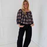 Jamie Off The Shoulder Top - Navy/Brown Plaid