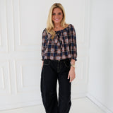 Jamie Off The Shoulder Top - Navy/Brown Plaid