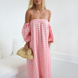 Polly Strapless Bubble Sleeve Maxi Dress - Baby Pink Blockprint