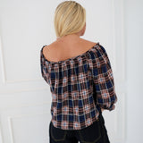 Jamie Off The Shoulder Top - Navy/Brown Plaid
