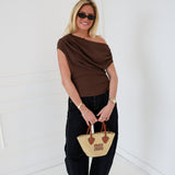 Ella Asymmetric One Shoulder Draped Top - Chocolate Brown