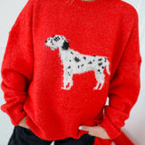Dalmatian Graphic Fuzzy Sweater - Tomato Red