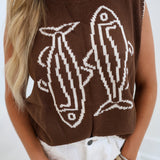 Fiona Fish Printed Sleeveless Sweater Top - Brown/Cream