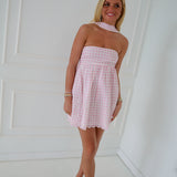 Mckayle Eyelet Mini Strapless Dress - Pink Gingham