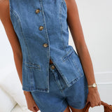 Mandi Denim Vest and Shorts Set - Medium Denim