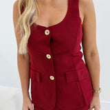 Britney Front Button Vest and Shorts Set - Burgundy