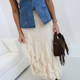 Natalie Tiered Ruffle Lace Midi Skirt - Natural