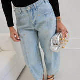 Studded Barrel Denim Pants - Light Denim