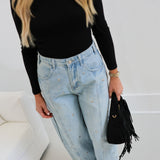Studded Barrel Denim Pants - Light Denim
