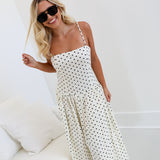 Ava square neck polka dot midi dress- Ivory/Black