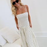 Ava square neck polka dot midi dress- Ivory/Black