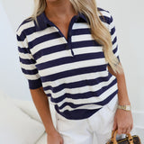Mollie Striped Polo Top - Navy/White