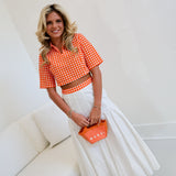 Chloe Double Layer Pleated Maxi Skirt - White/Orange Gingham