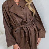 Ashley Faux Suede Belted Trench Coat - Chocolate