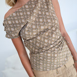 Clara Asymmetric One Shoulder Ruched Top - Brown Plaid