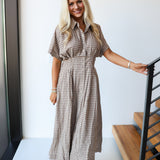 Lainey Gingham Midi Dress - Brown
