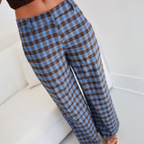 Monica Gingham Pants - Brown/Blue
